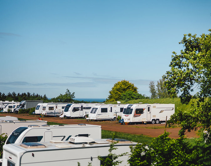 Touring caravans and motorhomes parked on pitches surrounded by green trees. Blue sea and sky in the background.