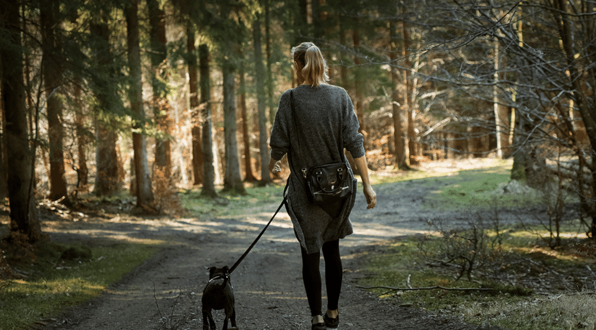 Woman walking in woodland with dog