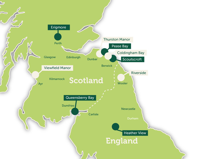 Map of the UK showing Verdant Leisure parks